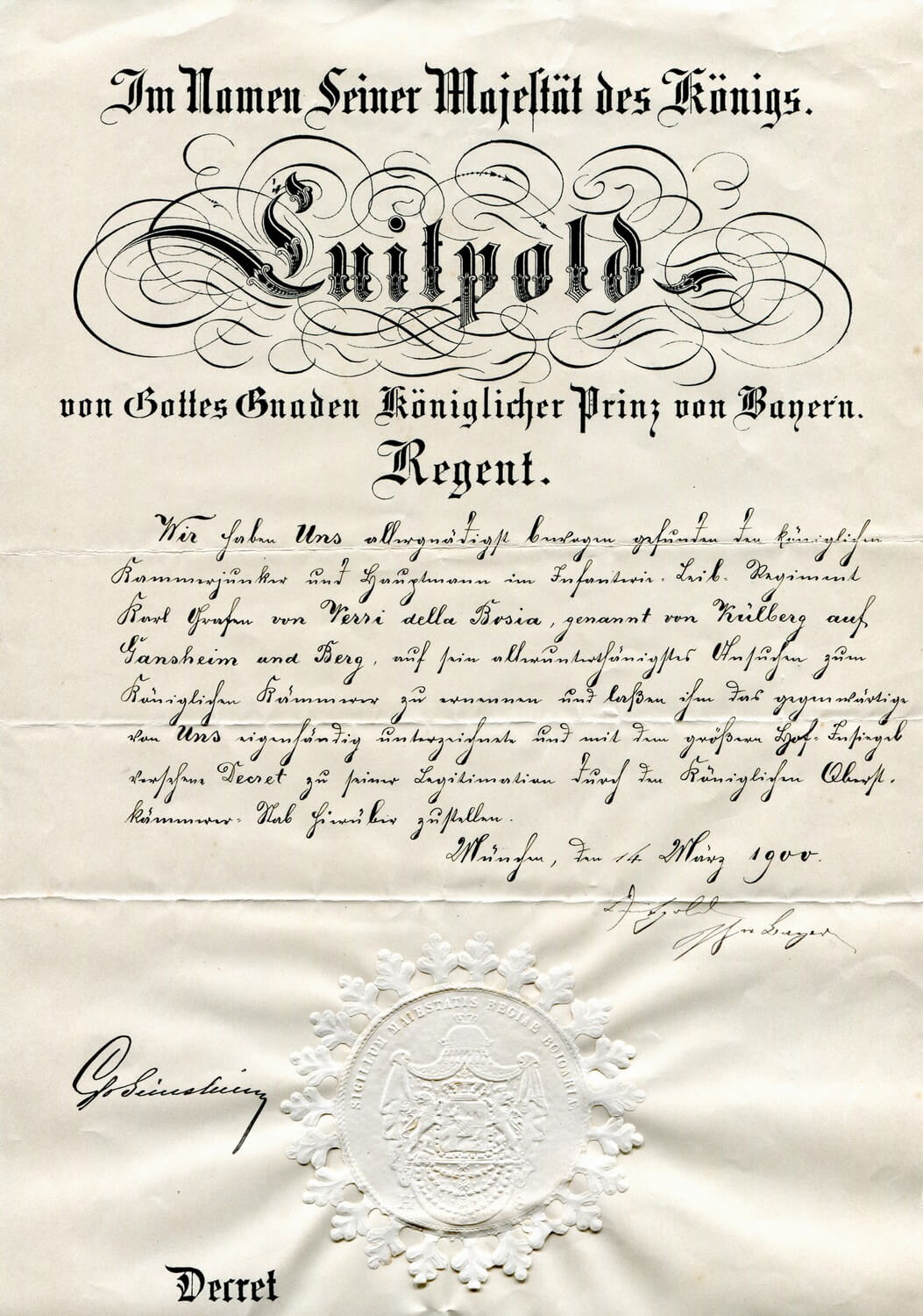 Fotografie eines historischen Dokuments: das Dekret über die Ernennung des Karl Grafen von Verri della Bosia zum königlich bayerischen Kämmerer.
